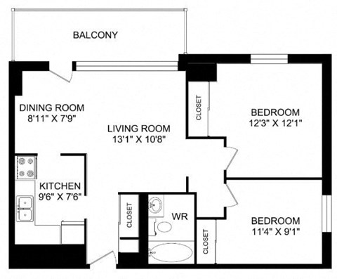 Floor plan for 2 beds, 1 bath, 783 sqft